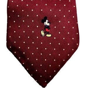 Mickey Mouse Cervantes Tie Y2K Vtg Disney World Maroon Red Repp Weave Polka Dots